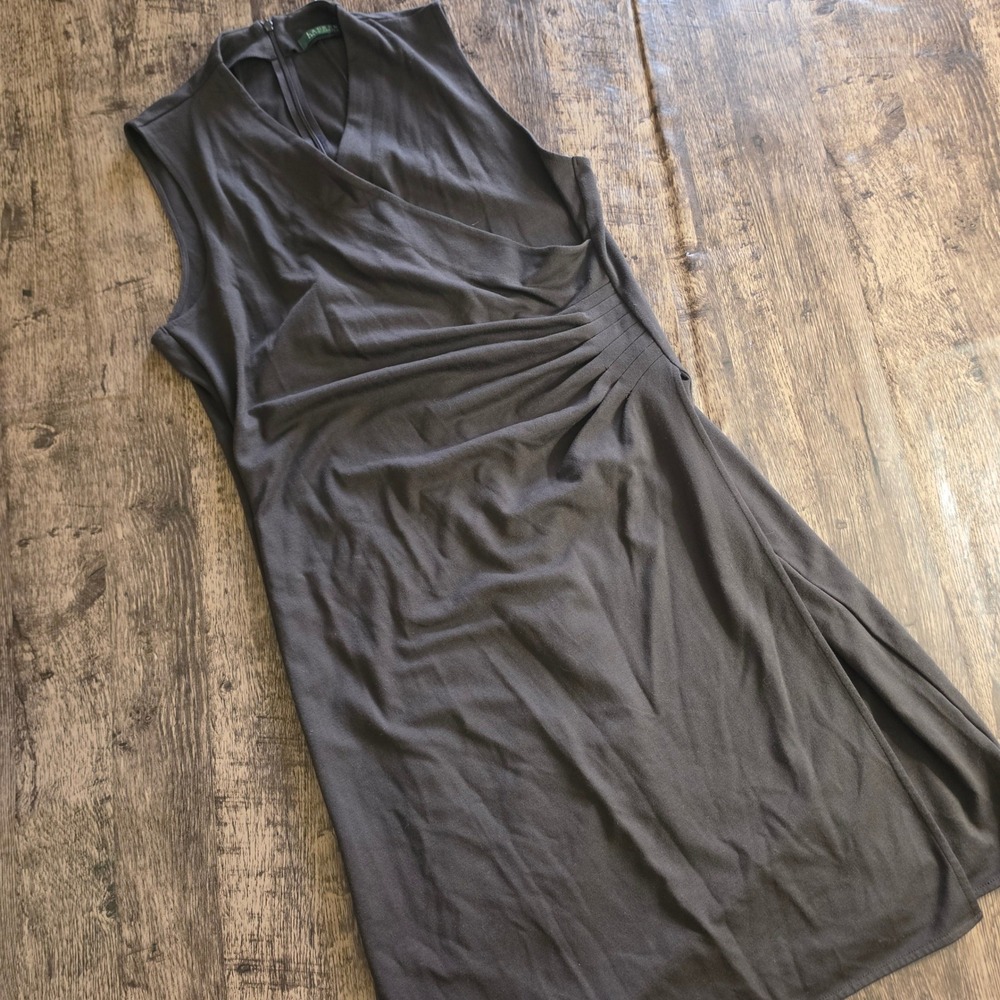 LAUREN Ralph‎ Lauren Sheath Dress Womens M Gray Sleeveless Side Ruched V-Neck